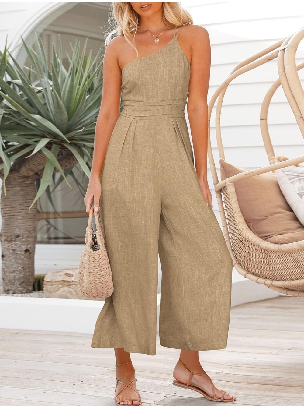 Asymmetrical One-Shoulder Wide-Leg Jumpsuit in Khaki